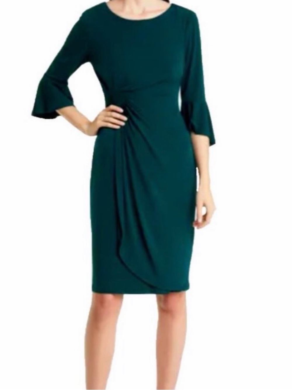 Connected Apparel Women’s Dark Teal Sheath Dress with Fluted Sleeves